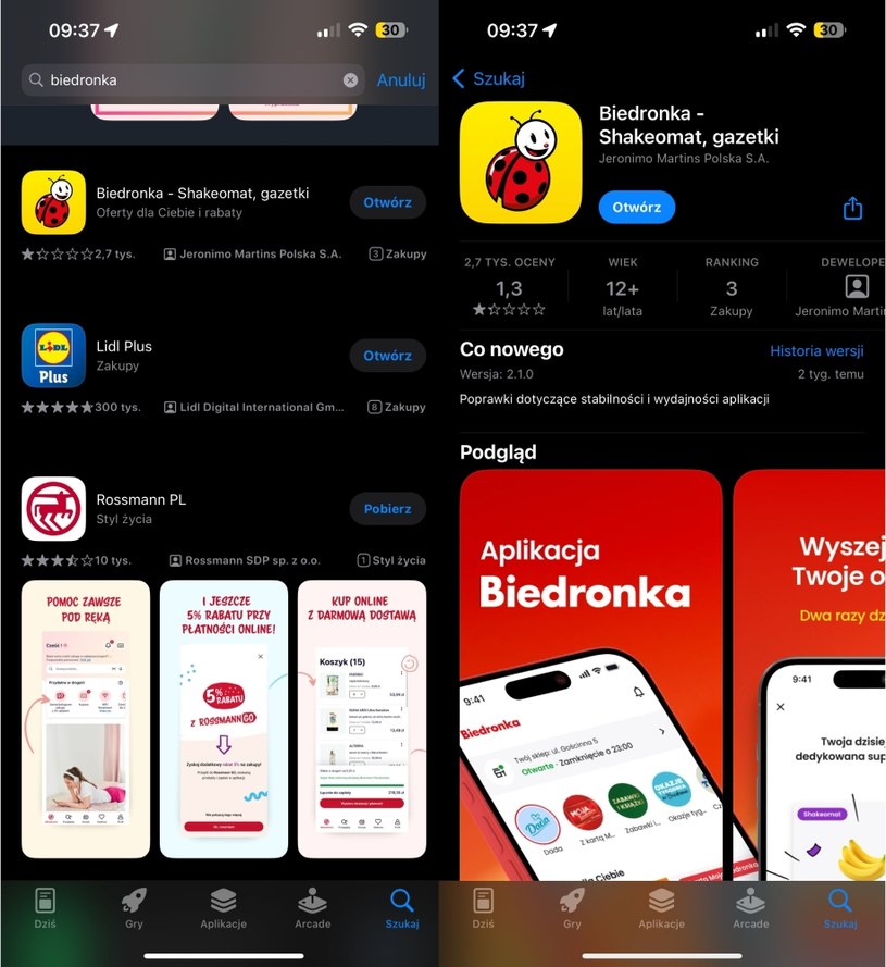 Jeśli aplikacja sklepu Biedronka nie działa, to trzeba ją zaktualizować do nowej wersji. /Dawid Długosz /INTERIA.PL