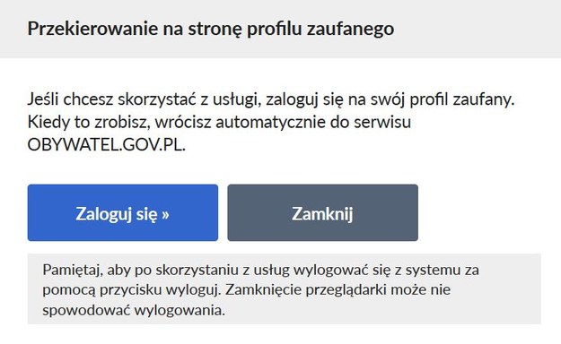 Jeśli chcesz skorzystać z usługi, zaloguj się na profil zaufany /obywatel.gov.pl /Zrzut ekranu