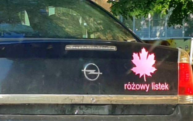 Jeżdżę z różowym listkiem :)