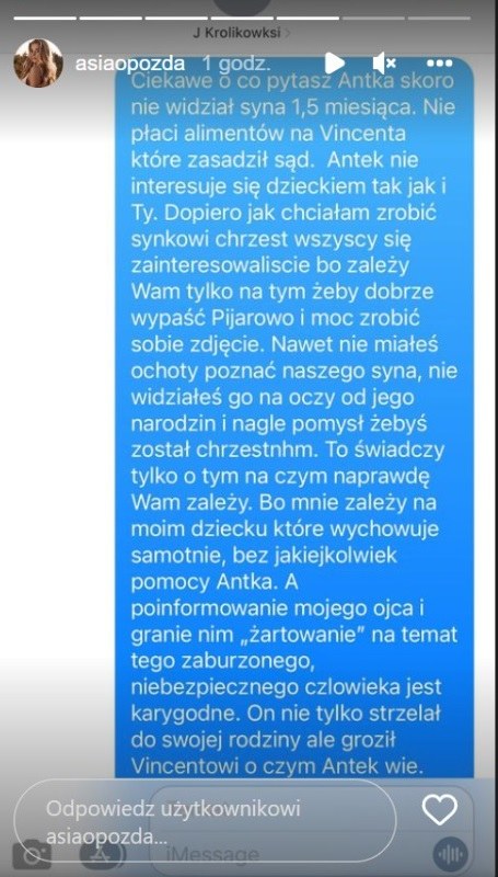 Joanna Opozda opublikowała sms-a do szwagra. To nie była miła konwersacja? /instagram.com/asiaopozda/ /Instagram