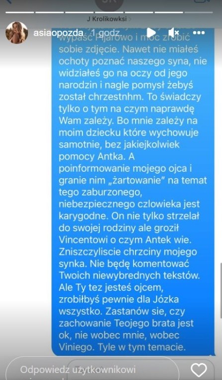 Joanna Opozda opublikowała sms-a do szwagra. To nie była miła konwersacja? /instagram.com/asiaopozda/ /Instagram