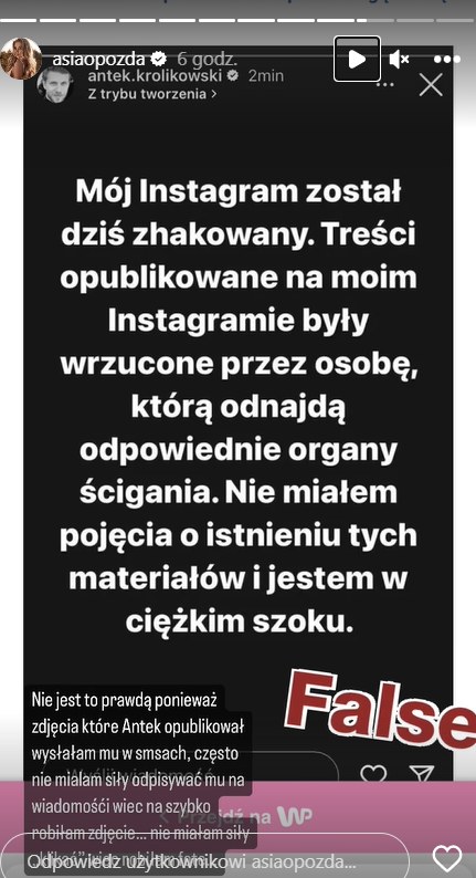 Joanna Opozda reaguje na wpis Antoniego Królikowskiego /Instagram/ Joanna Opozda /Instagram