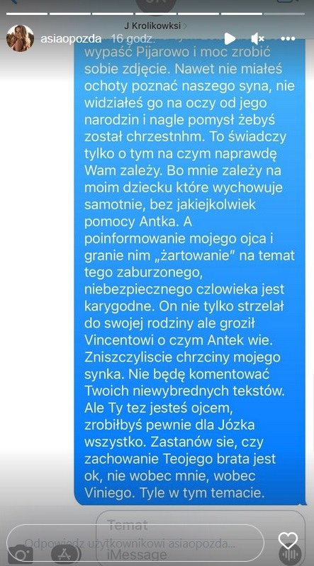 Joanna Opozda zamieściła screeny sms-ów do Jana Królikowskiego /www.instagram.com/asiaopozda /Instagram