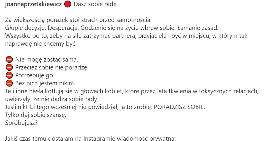 Joanna Przetakiewicz motywuje fanki do niezależności, https://www.instagram.com/joannaprzetakiewicz/