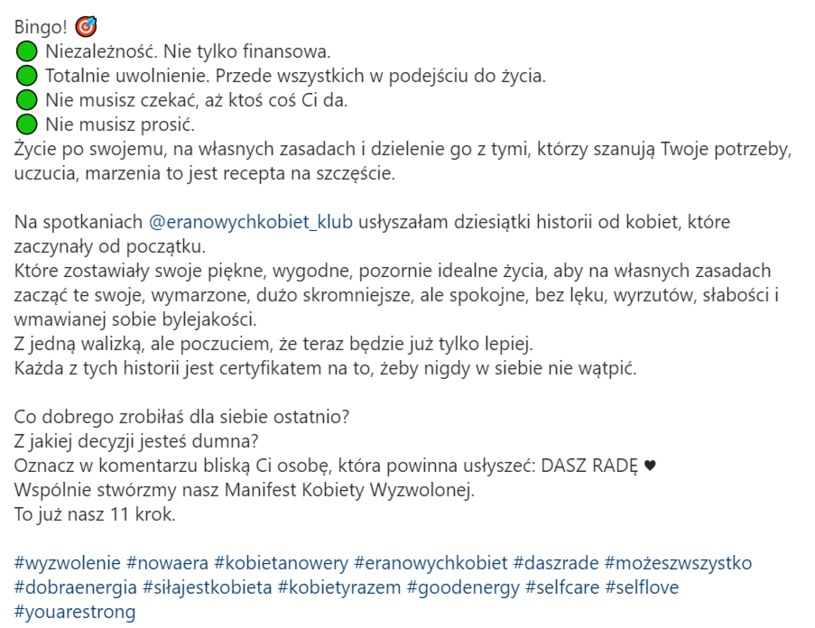 Joanna Przetakiewicz motywuje fanki do niezależności, https://www.instagram.com/joannaprzetakiewicz/