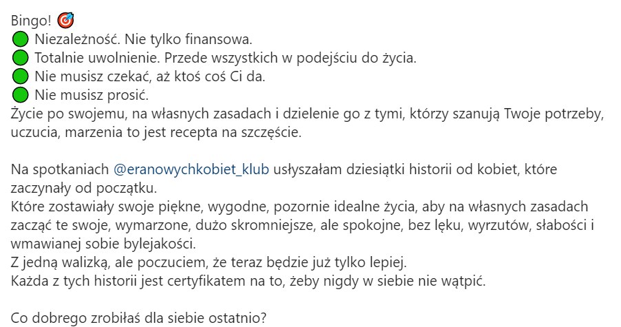 Joanna Przetakiewicz motywuje fanki do niezależności, https://www.instagram.com/joannaprzetakiewicz/