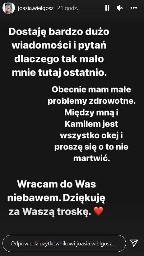 Joanna Wielgosz: www.instagram.com/joasia.wielgosz/ /Screen z InstaStory  /Instagram