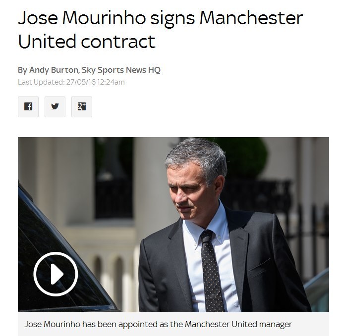 Jose Mourinho podpisał kontrakt z Man Utd; źródło: skysports.com /