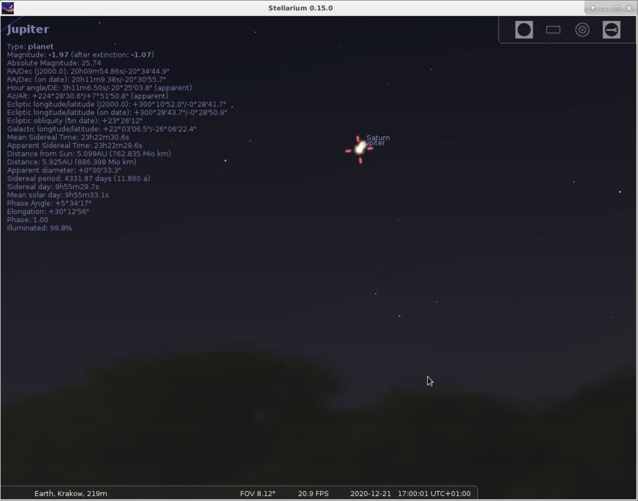 Jowisz i Saturn nad południowo-zachodnim horyzontem (Kraków, 21 grudnia 2020 r., godz. 17). / Źródło: Stellarium /