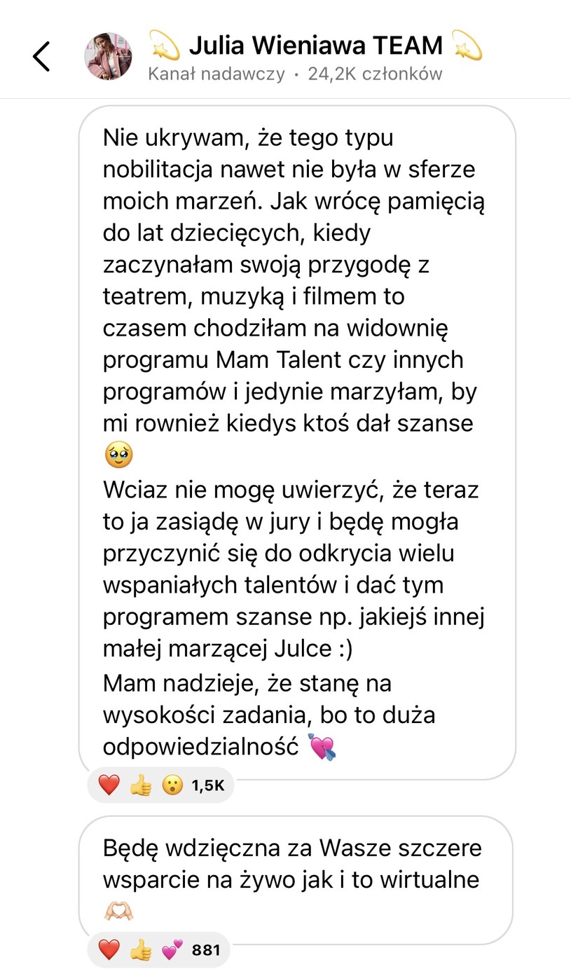 Julia Wieniawa napisała do swoich fanów na Instagramie po tym, jak ogłoszono ją jurorką "Mam talent" /Instagram/Julia Wieniawa /materiał zewnętrzny