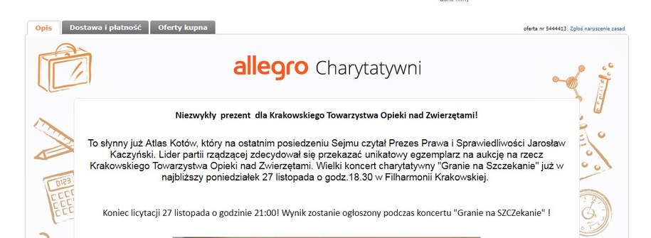 Już teraz możecie licytować "Atlas kotów" z dedykacją prezesa PiS /Allegro /Zrzut ekranu