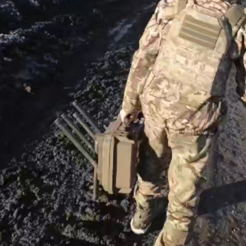Kadr nagrania z widocznym załogantem ukraińskiego wozu M2 Bradley z urządzeniem walki elektronicznej /@Osinttechnical /Twitter