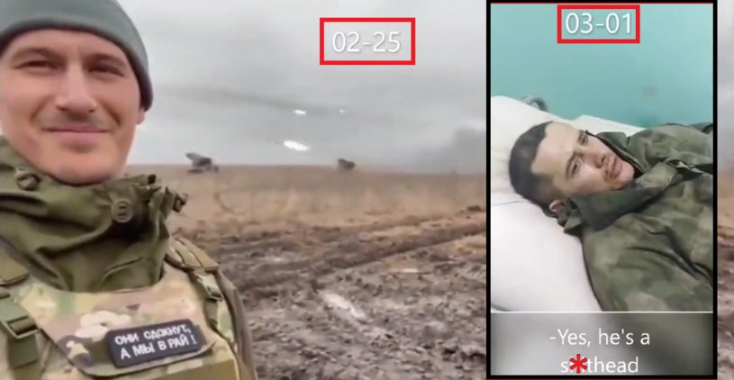 Kadry z dwóch nagrań tego samego rosyjskiego żołnierza. Na jednym uśmiecha się podczas ostrzeliwania Ukrainy, a na drugim jest jeńcem /NEXTA /Twitter