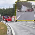 Kamera zarejestrowała dramatyczne zderzenie. Naczepa wpadła w poślizg