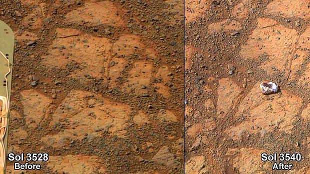 Kamień, który pojawił się przy łaziku Opportunity /NASA