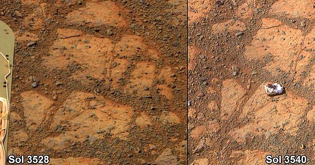 Kamień, który pojawił się przy łaziku Opportunity /NASA