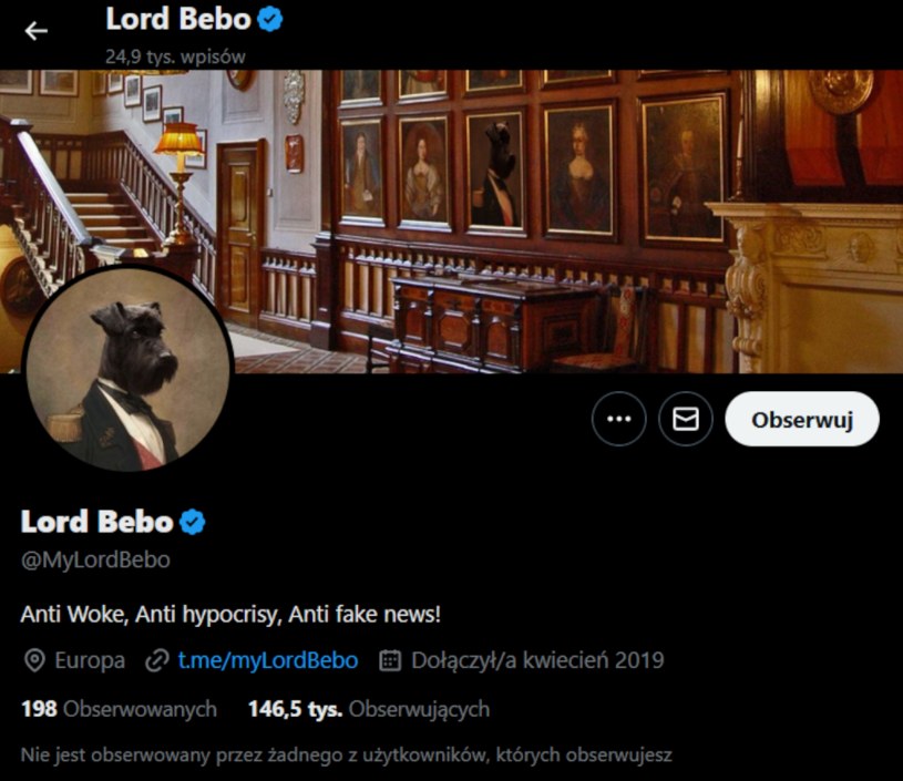 Kanał przedstawia się jako przeciwne kulturze woke, hipokryzji i fake newsom. Warto zwrócić uwagę na liczbę obserwujących /@MyLordBebo /Twitter