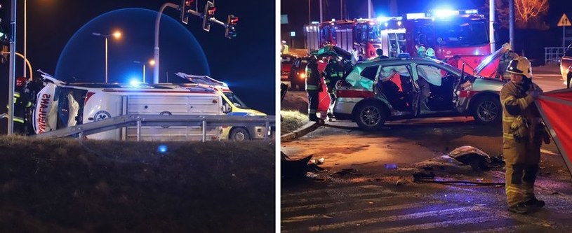 Karetka w wyniku zderzenia przewróciła się na bok. Z kolei Nissan X-Trail straży pożarnej nie wygląda na mocno uszkodzony, ale wszyscy nim podróżujący trafili do szpitala /Polsat News