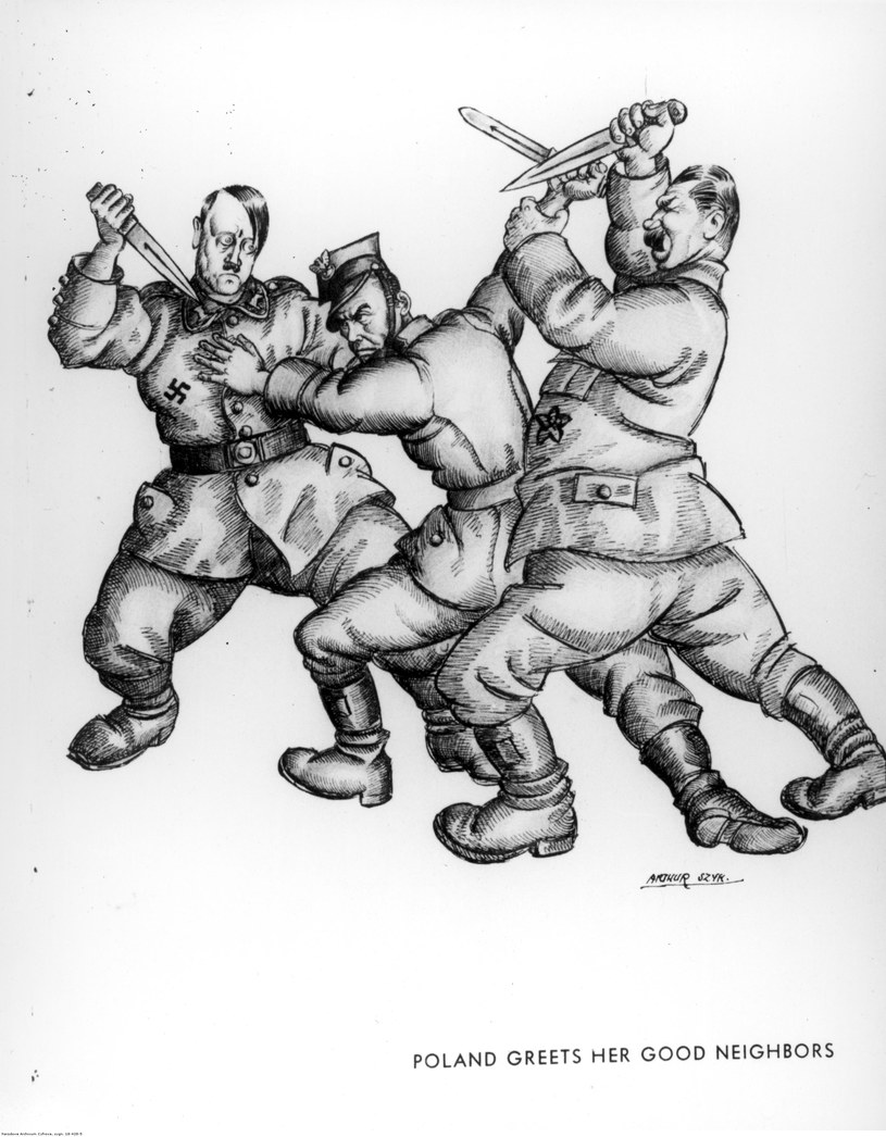 Karykatura autorstwa Artura Szyka ukazująca Adolfa Hitlera i Józefa Stalina atakujących żołnierza polskiego. Niecałe dwa lata później dyktatorzy rzucili się z nożami na siebie /Z archiwum Narodowego Archiwum Cyfrowego