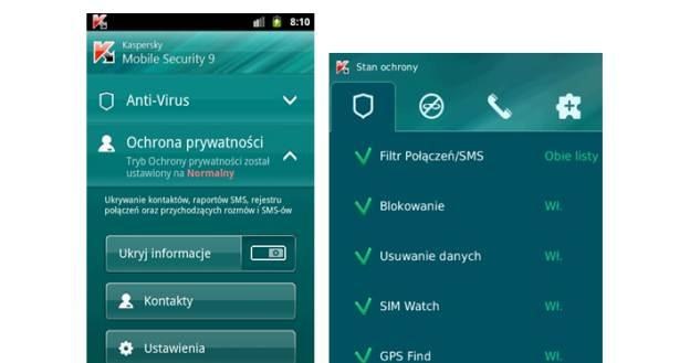 Kaspersky Mobile Security w systemach Android (z lewej),  BlackBerry (z prawej) /materiały prasowe