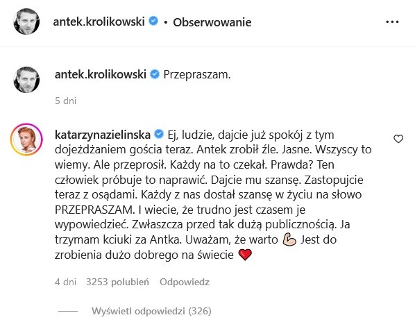 Katarzyna Zielińska wzięła w obronę Antka Królikowskiego /Instagram