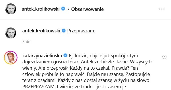 Katarzyna Zielińska wzięła w obronę Antka Królikowskiego /Instagram