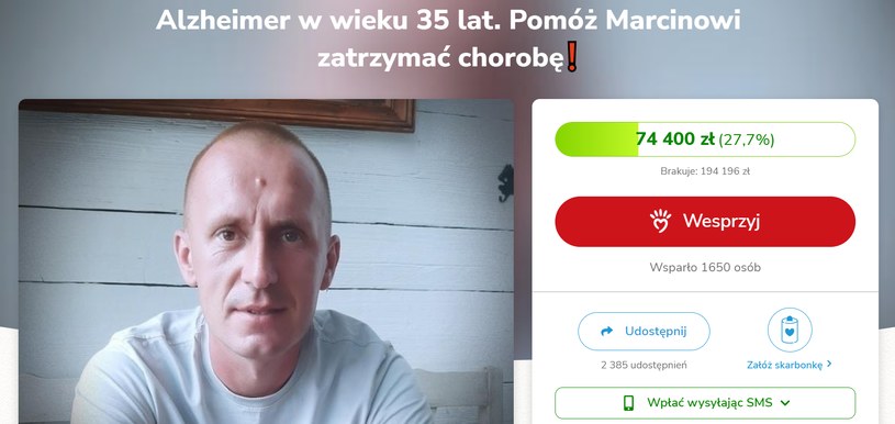 Każdy może wspomóc pana Marcina w walce z chorobą Alzheimera. Zbiórka trwa od kilku miesięcy /Screen ze strony Siepomaga.pl /