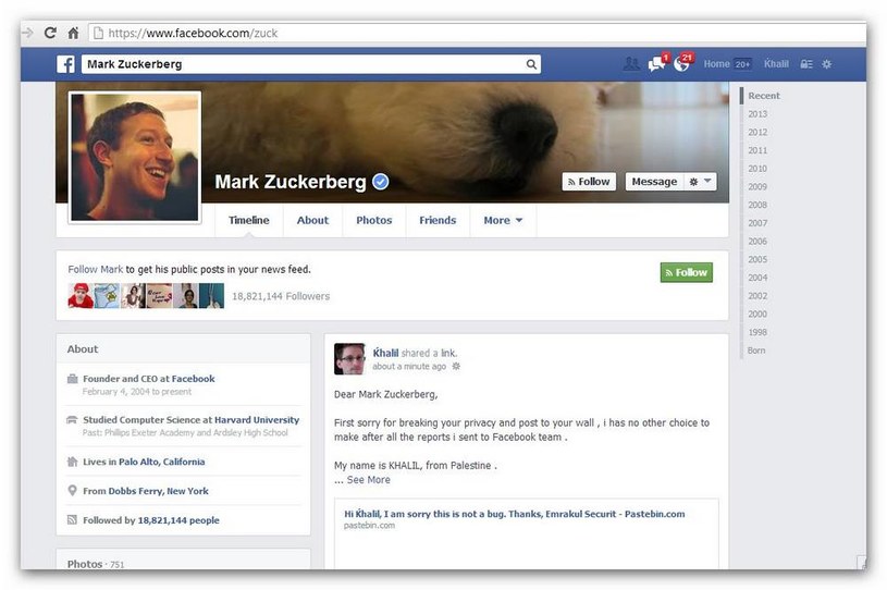 Khalil Shreateh znalazł sposób na umieszczenie wiadomości na profilu Marka Zuckerberga /Gadżetomania.pl