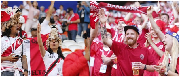 Kibice Peru i Danii na trybunach stadionu w Sarańsku /ERIK S. LESSER /PAP/EPA