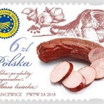 Kiełbasa lisiecka - małopolski produkt na znaczku pocztowym