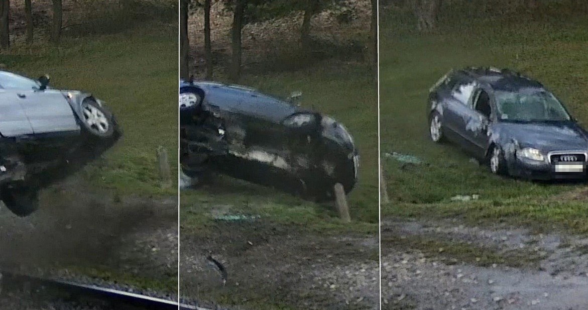 Kierowca Audi stracił panowanie nad autem i przeleciał przez tory kolejowe. /Policja Lubelska /