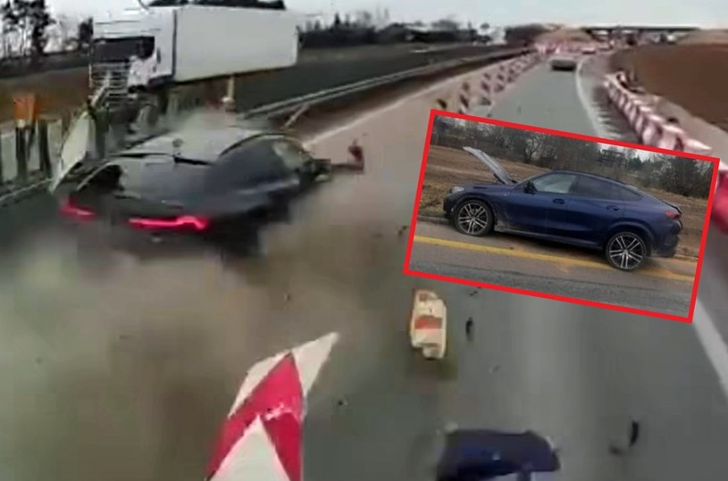 Kierowca BMW X6 chciał zdążyć przed zwężeniem, a roztrzaskał samochód na słupkach drogowych /
