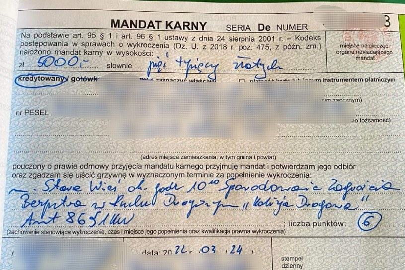 Kierowca Opla ukarany został mandatem w wysokości 5000 zł oraz 6 punktami karnymi /Policja /Informacja prasowa