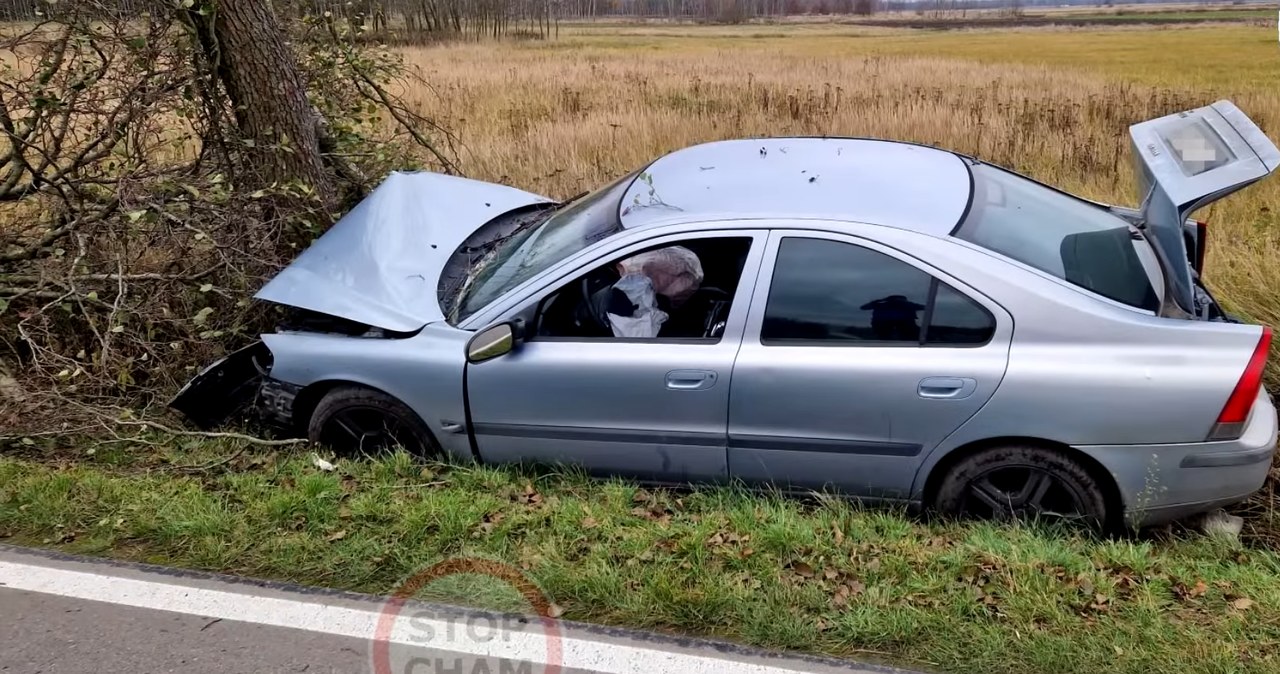 Kierowca Volvo wjechał w drzewo. Jak tłumaczy "zapatrzył się na radio". /STOP CHAM/ You Tube/ zrzut ekranu /