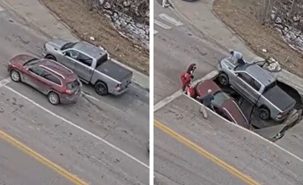 Kierowcy czekali na zielone. Nagle dziura wciągnęła ich auta