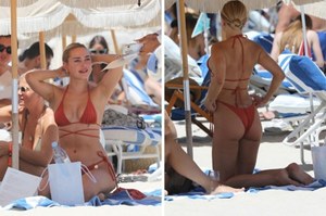Kimberley Garner kusi w skąpym bikini na plaży. Gorące widoki