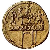 Klaudiusz, złota moneta przedstawiająca zwycięstwo Klaudiusza w Brytanii /Encyklopedia Internautica