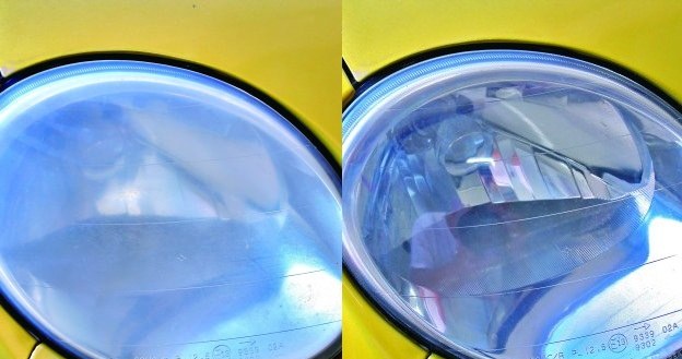 Klosz reflektoru przed polerowaniem (z lewej) i po (z prawej). /Motor