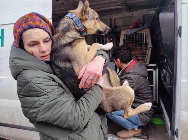 Kobieta z psem ewakuowanym z okolic Kijowa /PAP