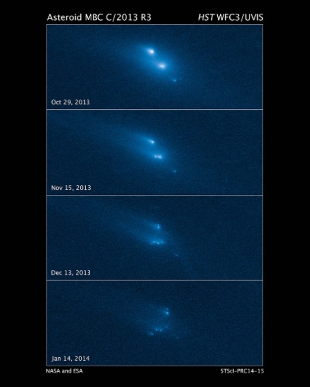 Kolejne stadia rozpadu asteroidy P/2013 R3 Fot. NASA, ESA, D. Jewitt/UCLA /materiały prasowe