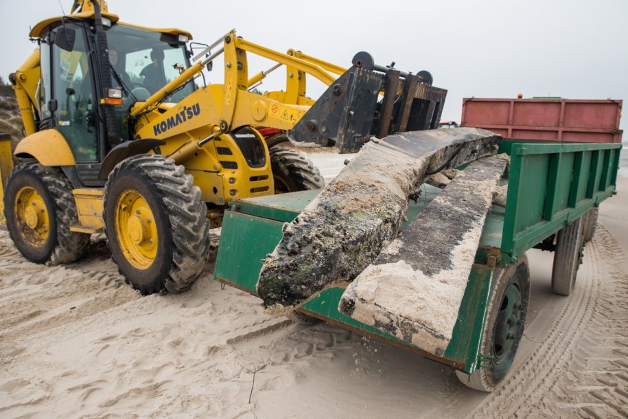 Kolejny dzień prac przy wraku na plaży w Międzywodziu. /Jerzy Muszyński /PAP