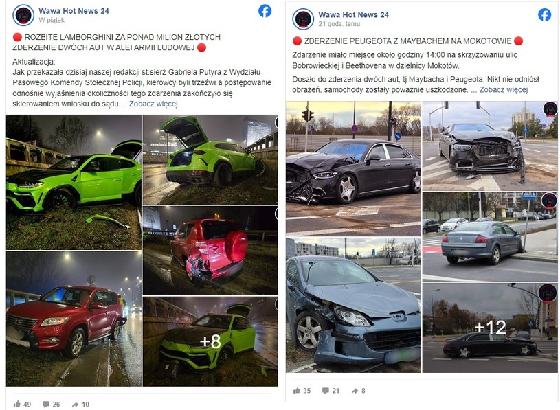 Kolizje drogich samochodów w Warszawie / fot: Wawa Hot News / Facebook /