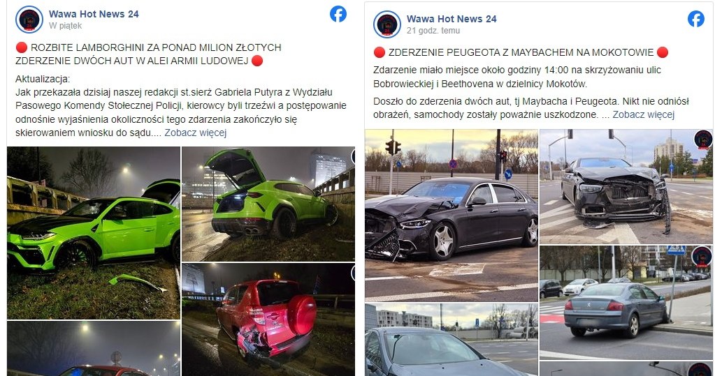 Kolizje drogich samochodów w Warszawie / fot: Wawa Hot News / Facebook /