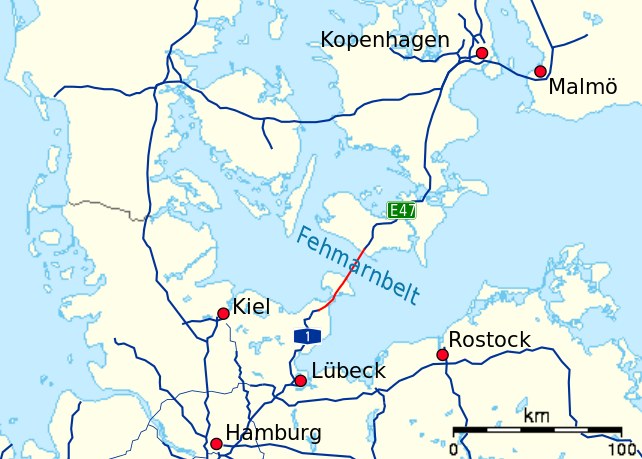 Kolorem czerwonym zaznaczono położenie budowanego tunelu /Fehmarn-bridge.svg /Wikipedia