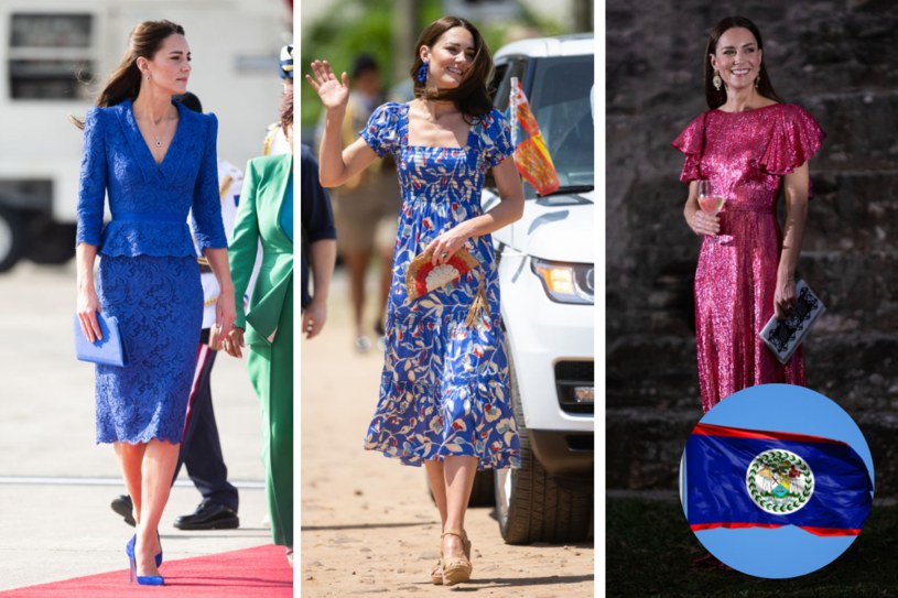 Kolory noszone przez księżną Kate podczas wizyty, nawiązują do flagi Belize /Getty Images