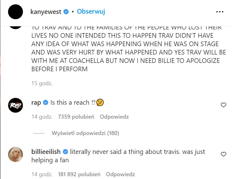 Komentarz Billie Eilish pod postem Kanye'go Westa:  www.instagram.com/kanyewest/ /Instagram /Instagram