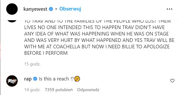 Komentarz Billie Eilish pod postem Kanye'go Westa:  www.instagram.com/kanyewest/ /Instagram /Instagram