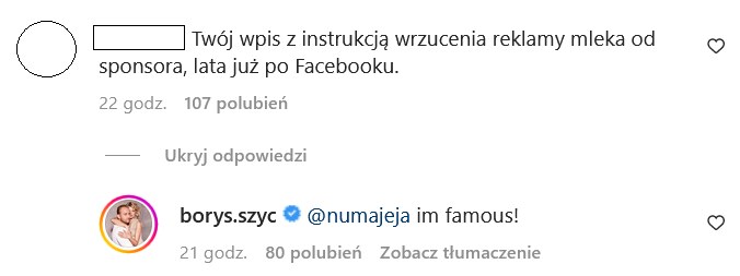 Komentarz Borysa Szyca pod wpisem na Instagramie @borys.szyc/ /Instagram