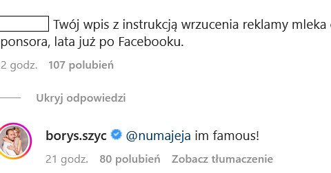 Komentarz Borysa Szyca pod wpisem na Instagramie @borys.szyc/ /Instagram