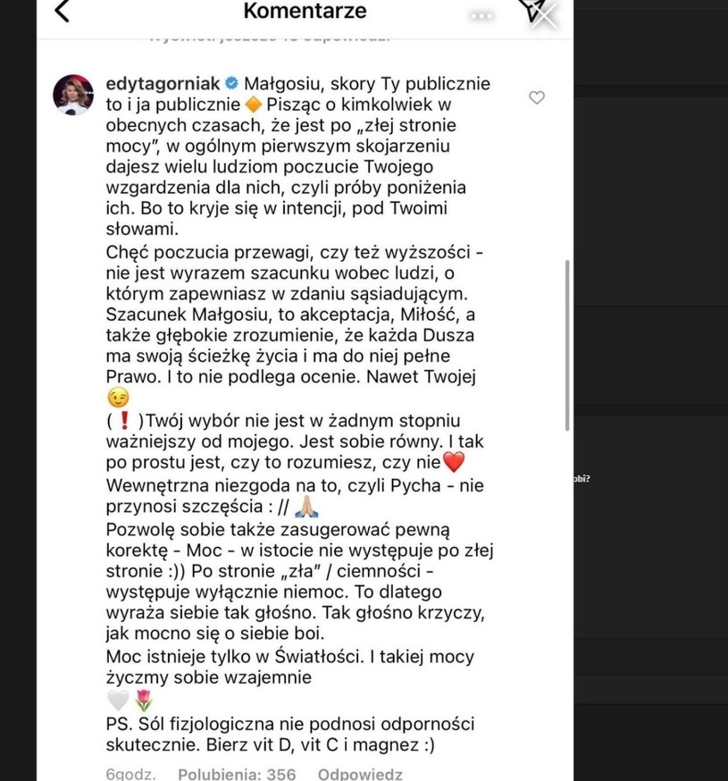 Komentarz Edyty pod postem Rozenek /Instagram